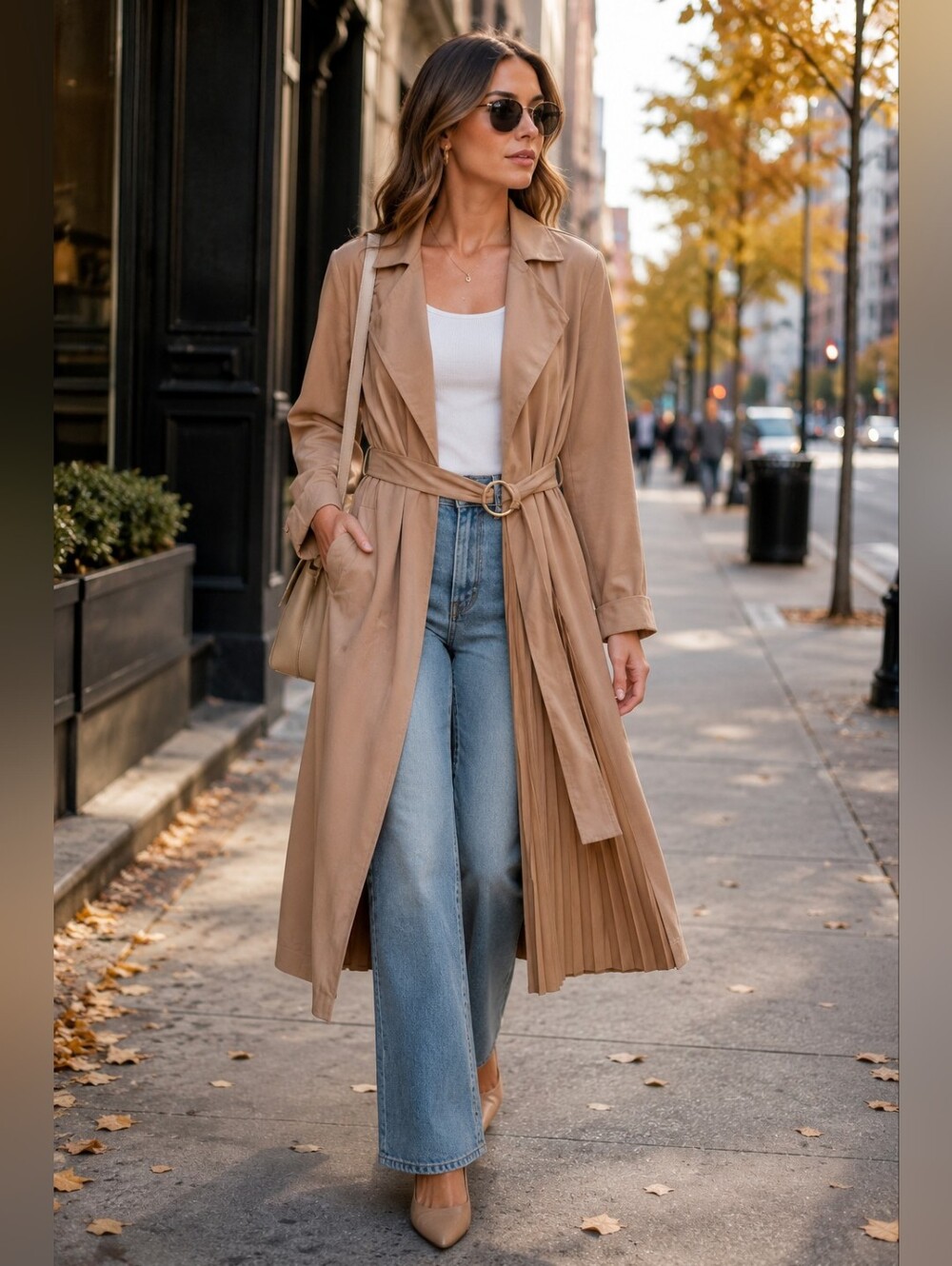 Hayden LA Pleated Trench Duster Coat Camel Tan Open Front Belted Large NWT